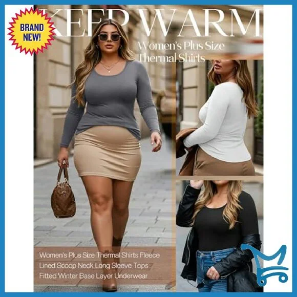 Plus Size Fleece Lined Thermal Tops 3 Pack Long Sleeve Base Layer